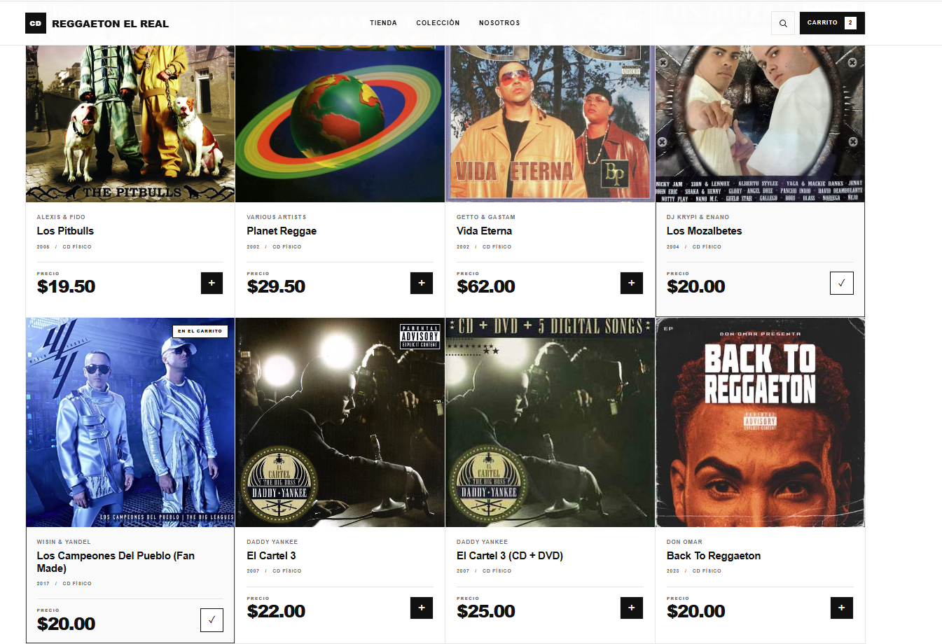 Catálogo de Reggaeton El Real con CDs disponibles y productos agregados al carrito