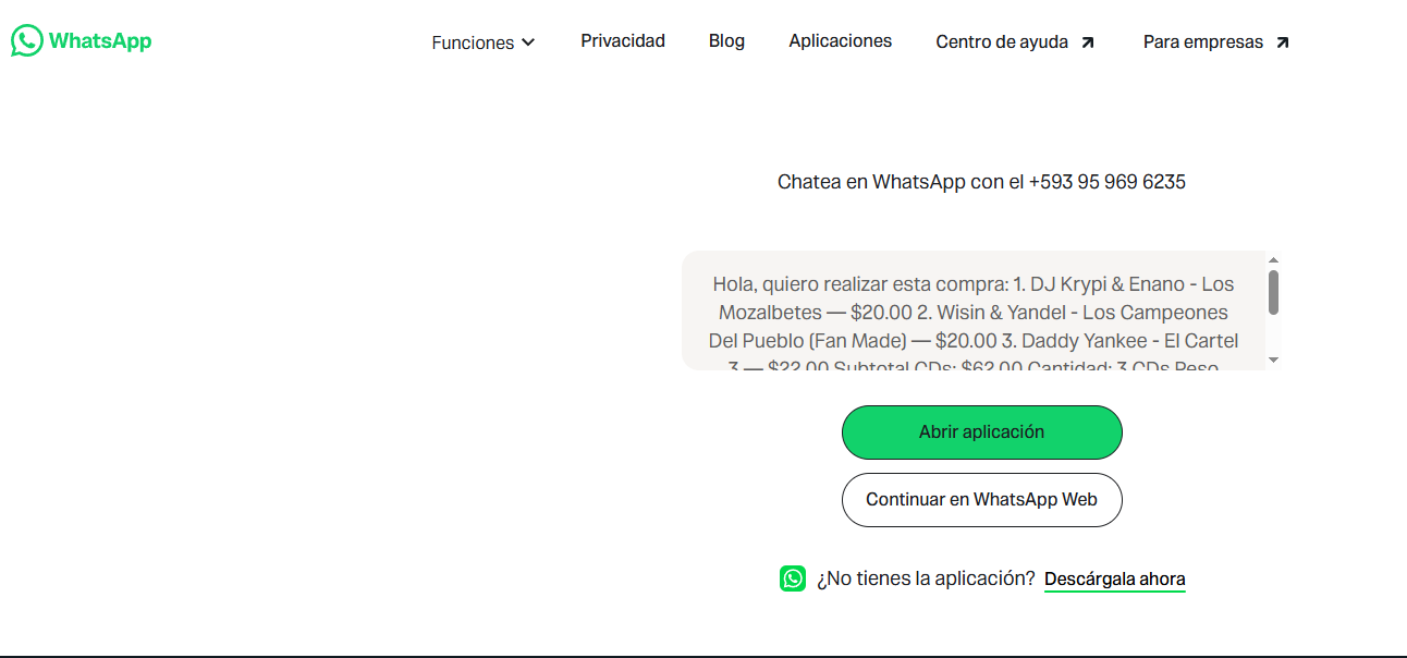 WhatsApp preparado con el mensaje de compra generado por Reggaeton El Real